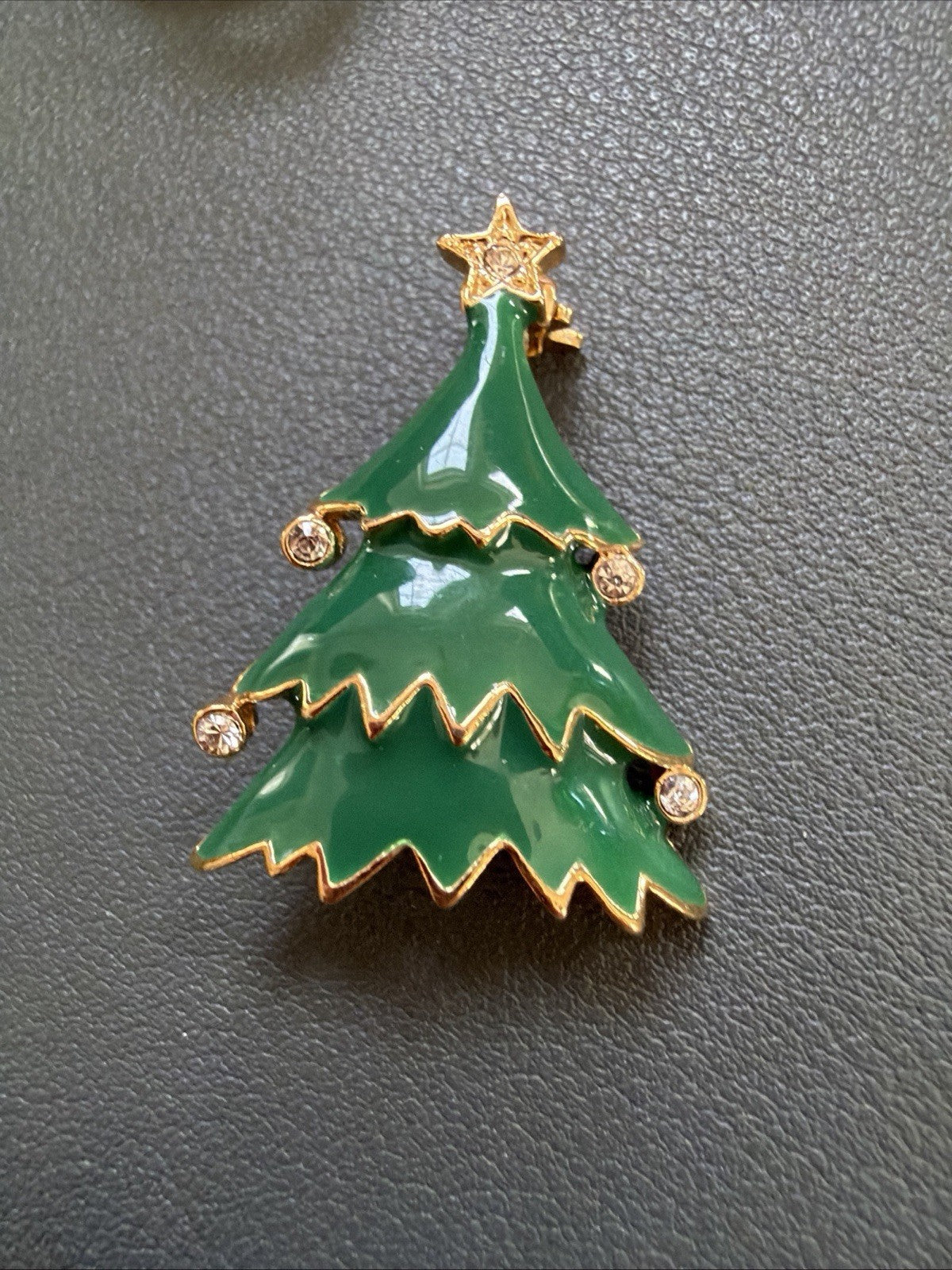 Vintage Green Enamel And Clear Stone Christmas Tree Brooch Pin Classic