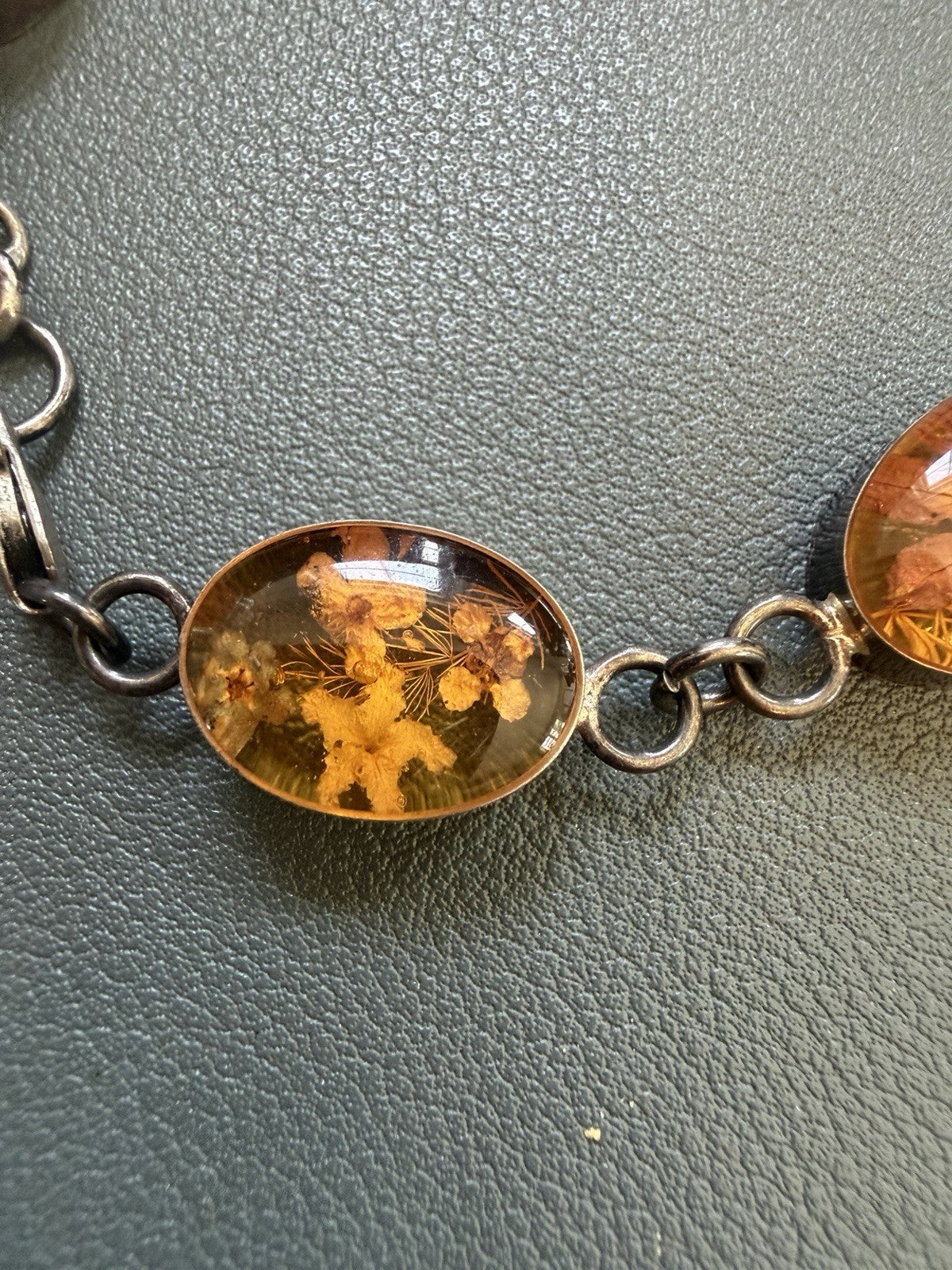 STERLING SILVER 925 Embedded Dried Flower Link Bracelet.