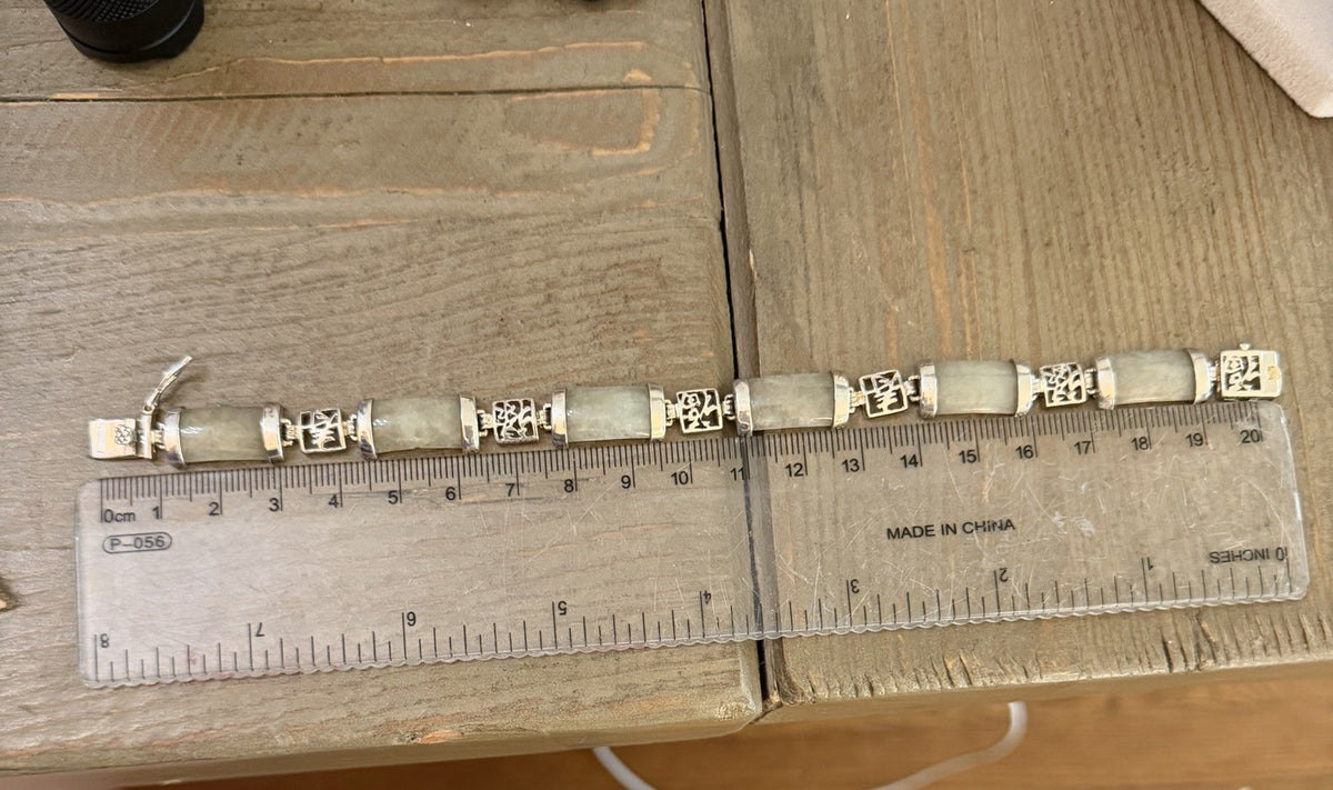 Vintage Sterling Silver 925 Light Green Jade Bracelet Panel Link - Signed DBJ