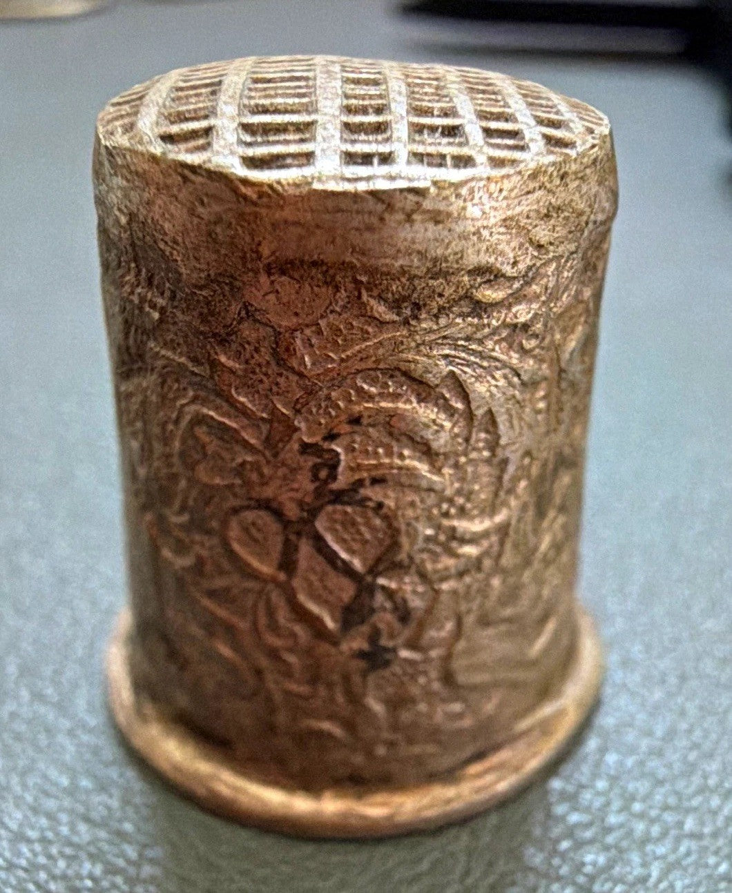 Vintage Metal Sewing Thimble w/ Floral Engraving & Waffle Top, Approx. 0.76 .