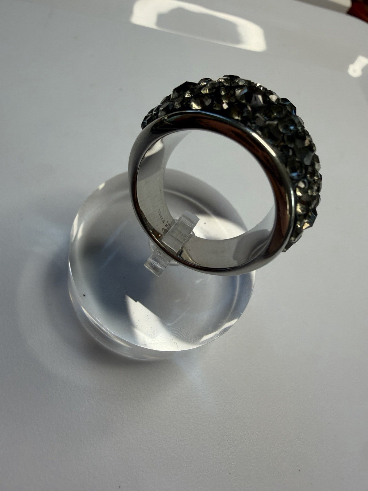 Large Domestyle cocktail ring Pave Set dark grey crystals Signed Stainless Steel