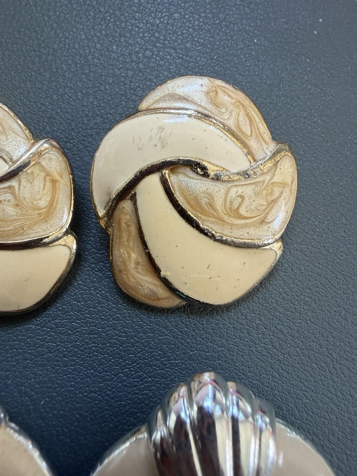 Vintage Enamel Cream Swirl Earrings + Marbled Beige Gold Tone Pair Earring Lot