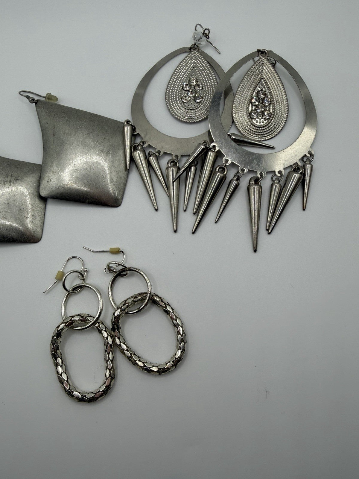 Lot Of 3 Silver Toned Statement Earrings Bundled Glam