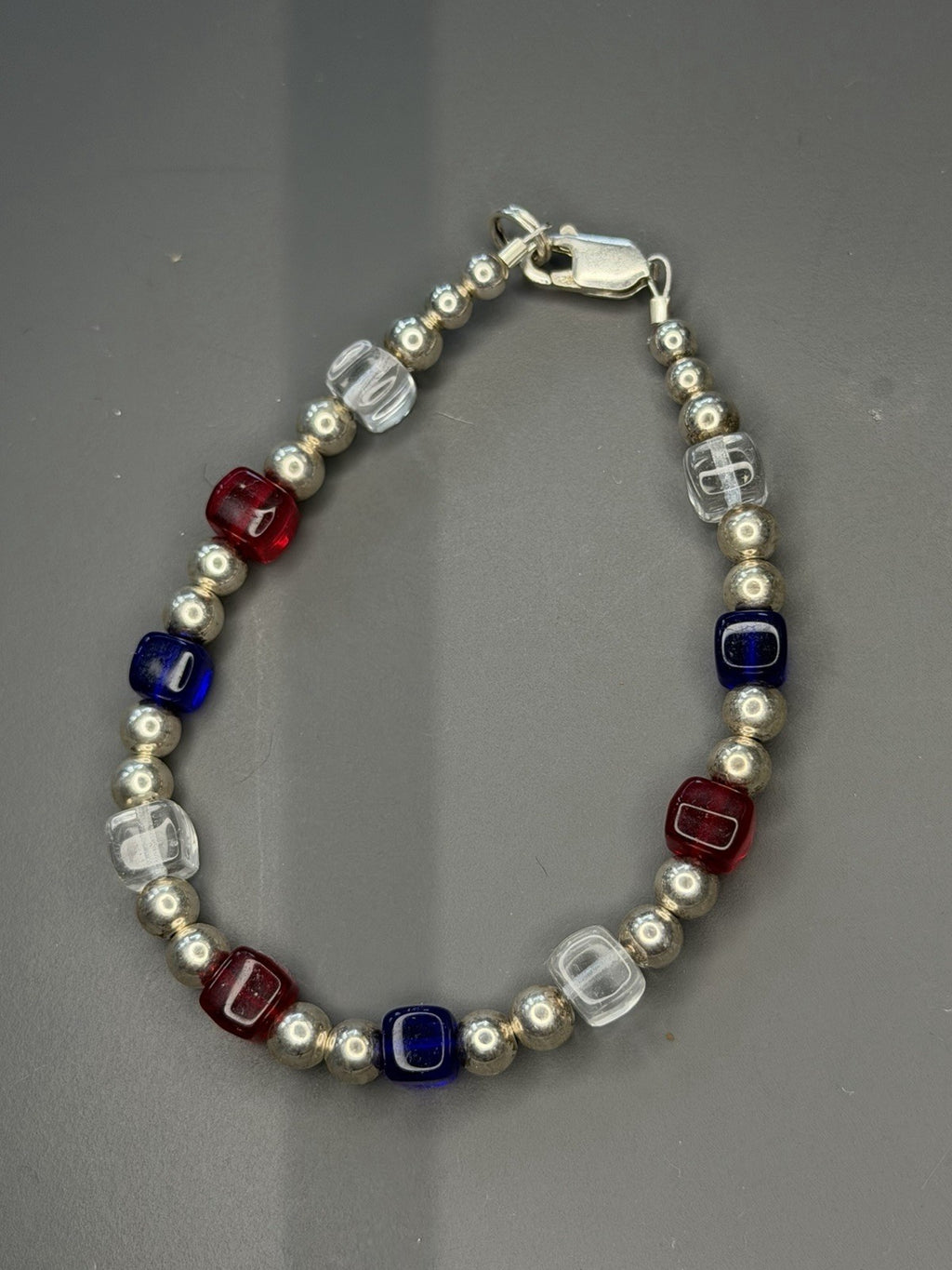 Red White Blue USA Bracelet Glass Beads Cube Sterling Silver Spacers Clasp 6.5