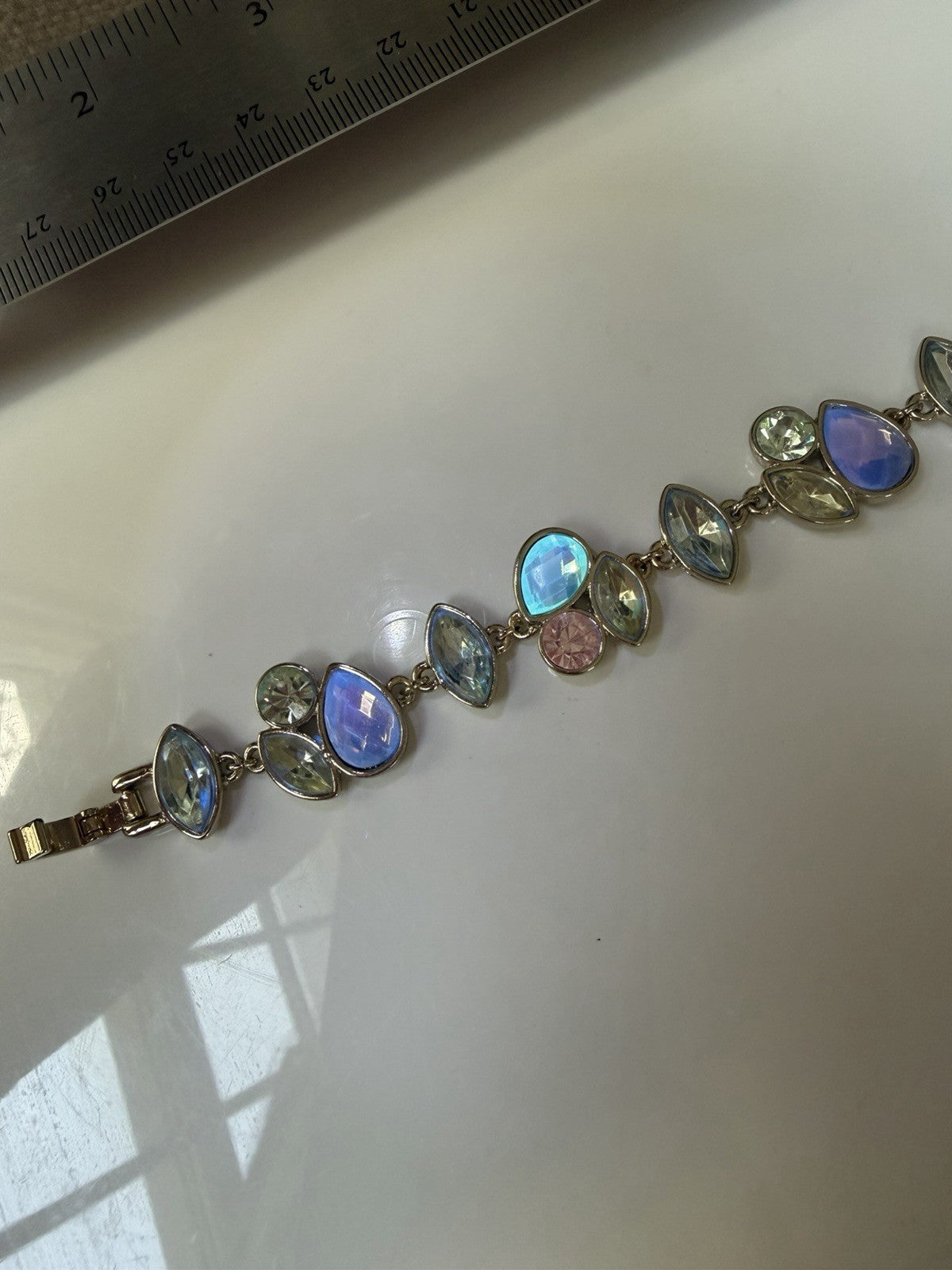 Napier Signed Silver Tone Multicolor Crystal Bezel Link Bracelet 7.5" glow 