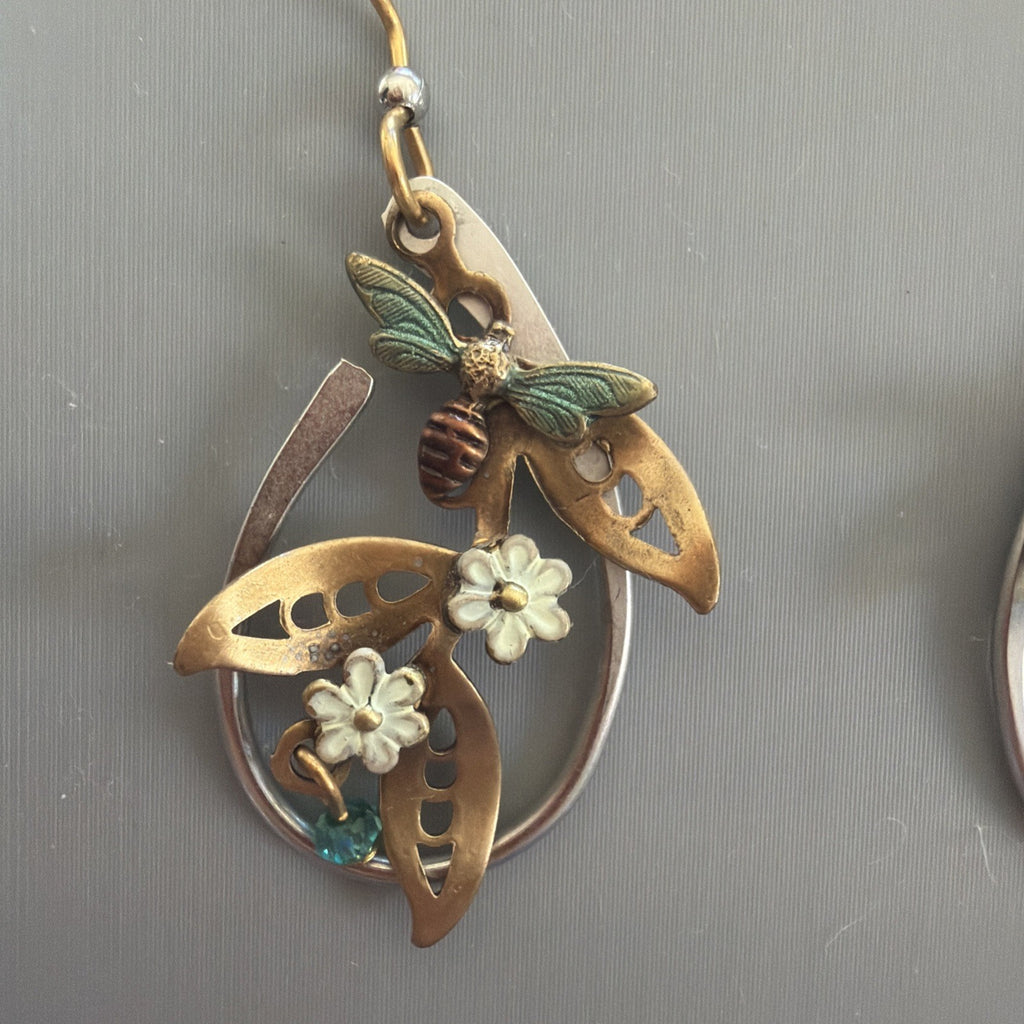 Silver Forest Gold Floral and Bees USA Hand Crafted Hypoallergenic Earrings