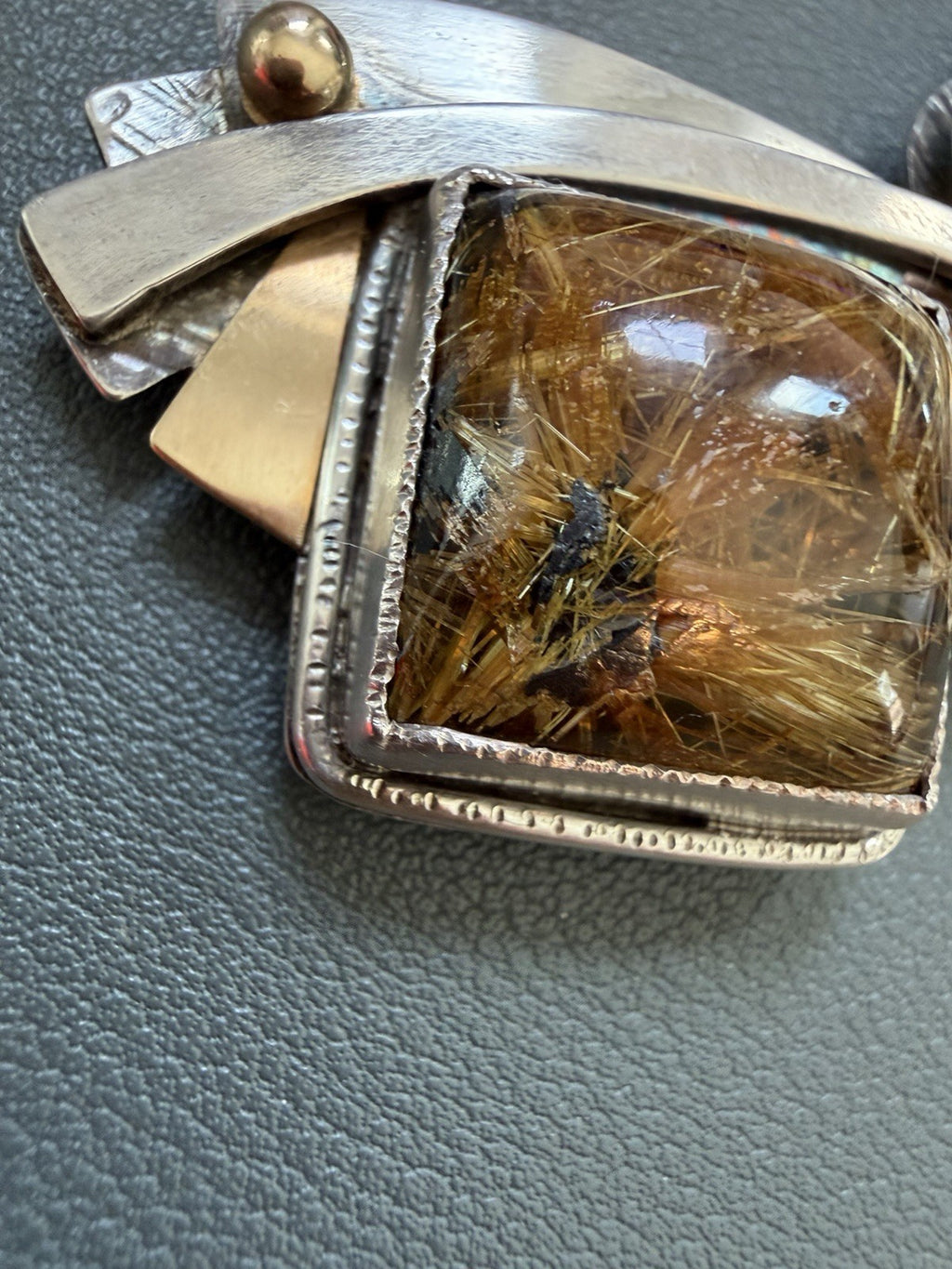 Patricia Karnes Stinson 14K Sterling Silver Rutilated Quartz Brutalist Brooch