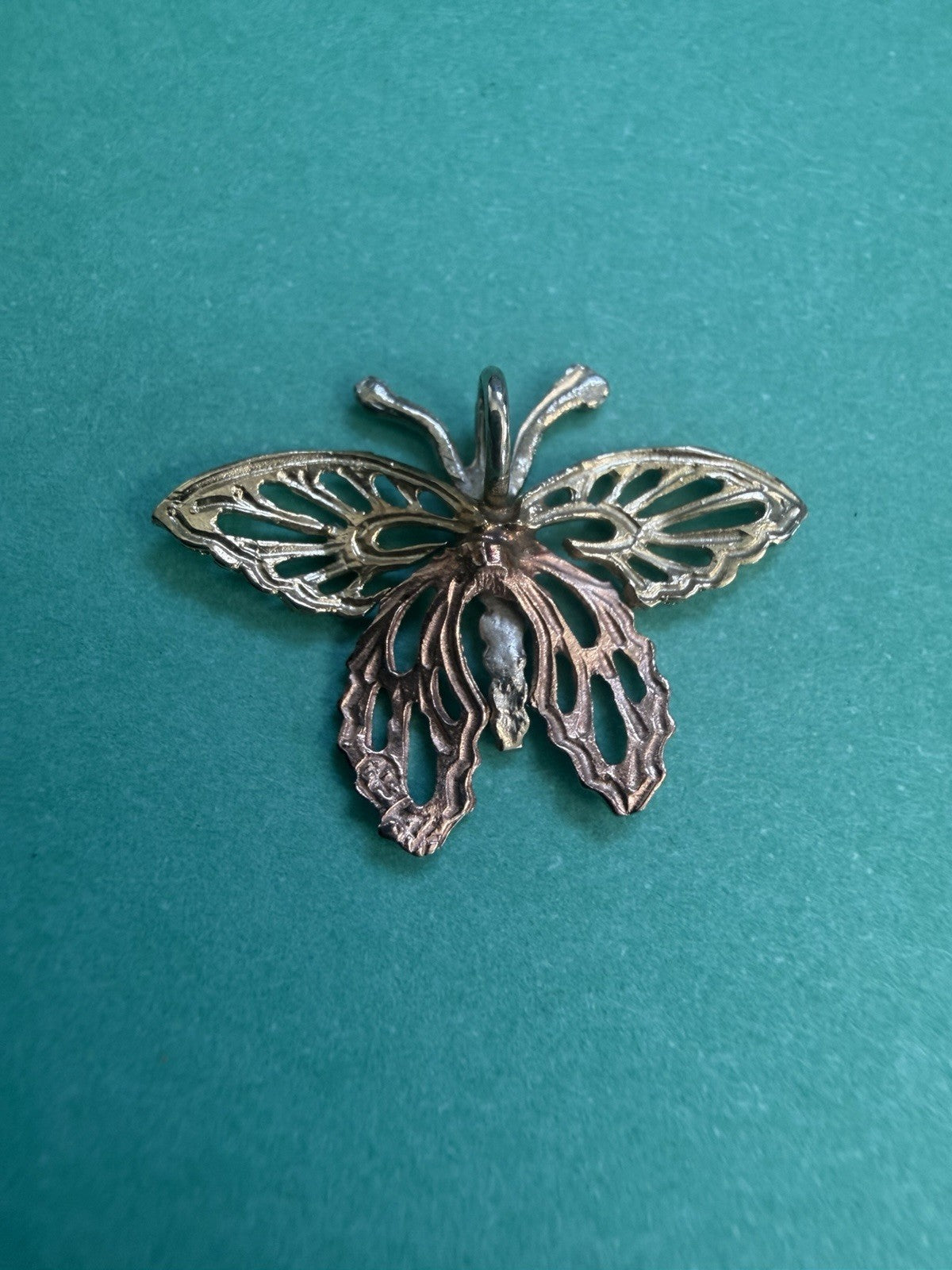 14k Stamped Tri-Color Gold Butterfly Pendant With Stationary Bail .63inchs