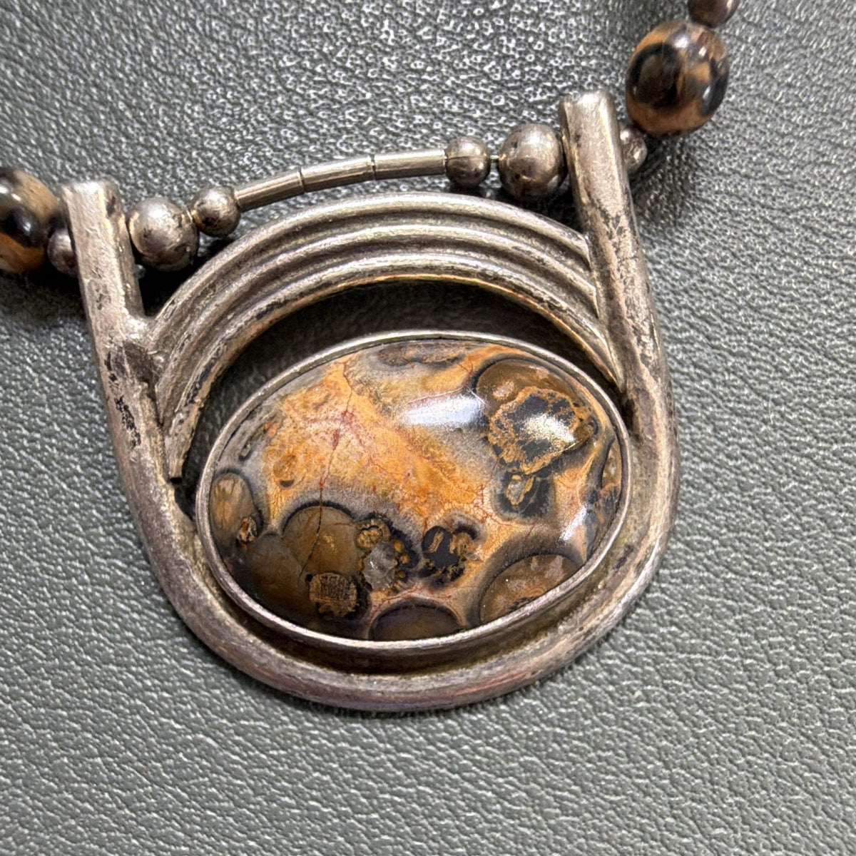 Vintage 925 Sterling Silver Leopard Skin Jasper Pendant Beaded Necklace Artisan