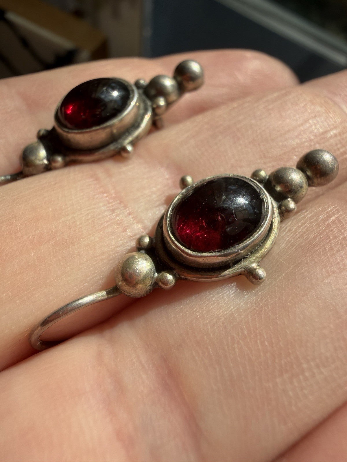 Vintage Native Style Sterling Silver 925 Garnet Cab Dangle Earrings