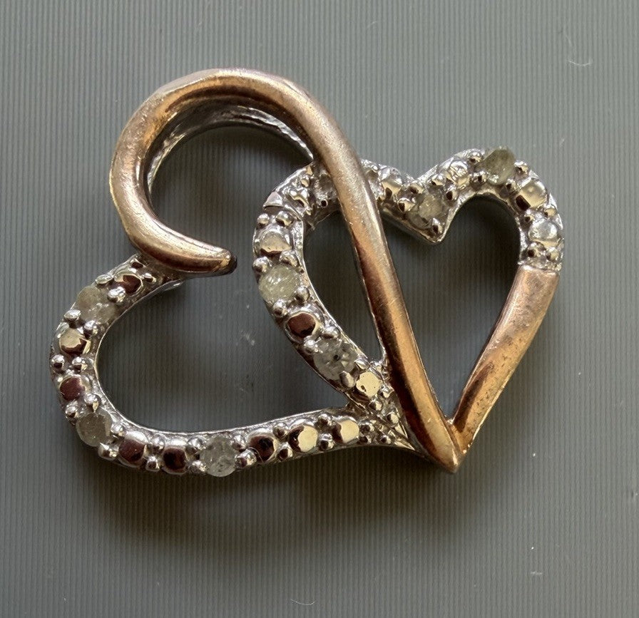 Sterling Silver 925 & 10KGFL  DIAMOND Double Heart Charm Or Pendant