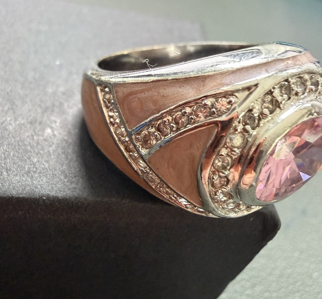 Pink Uranium Glass & White CZs Pink Enamel Design Band Ring - SIZE 8