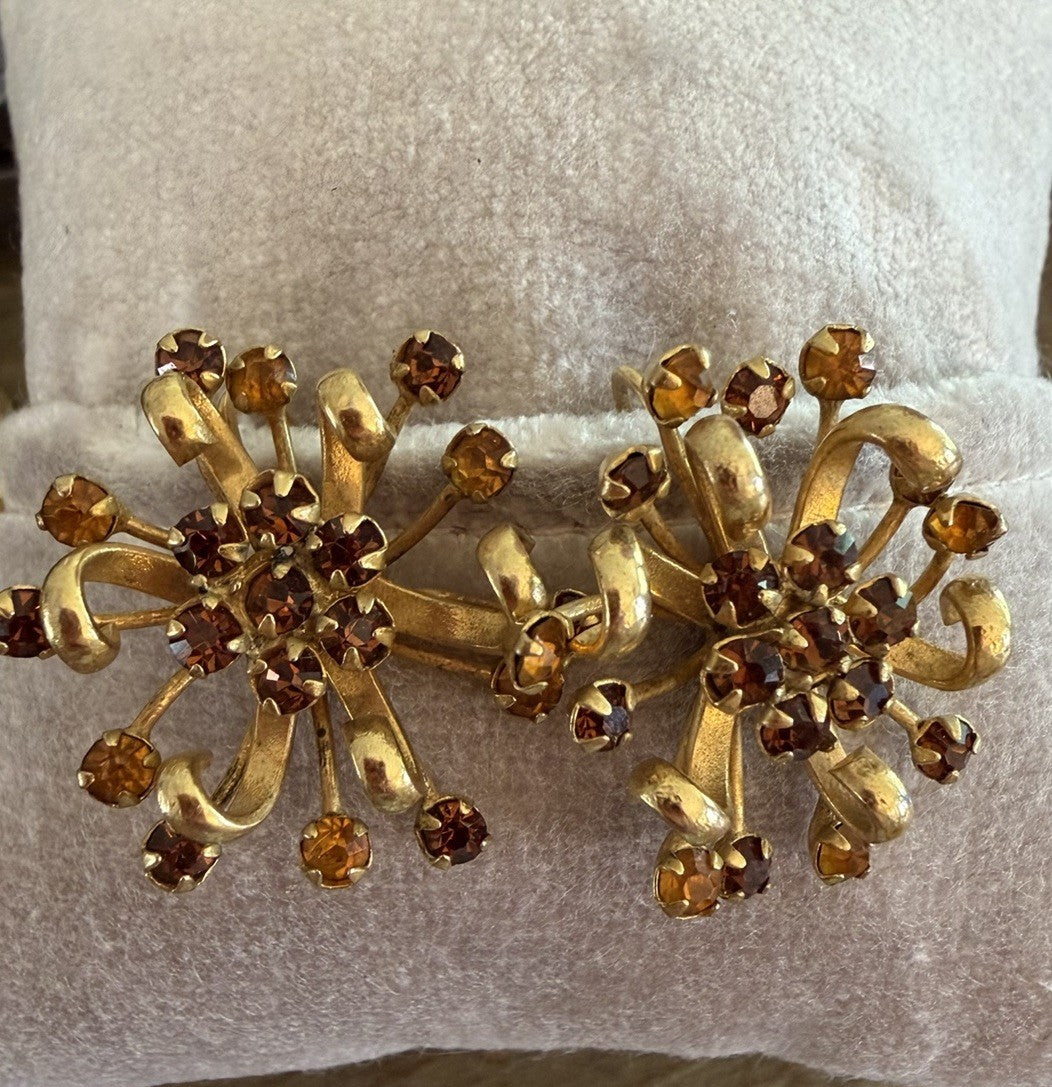RARE Sandor Amber and Citrine Rhinestone Gold Tone Clip-on Earrings