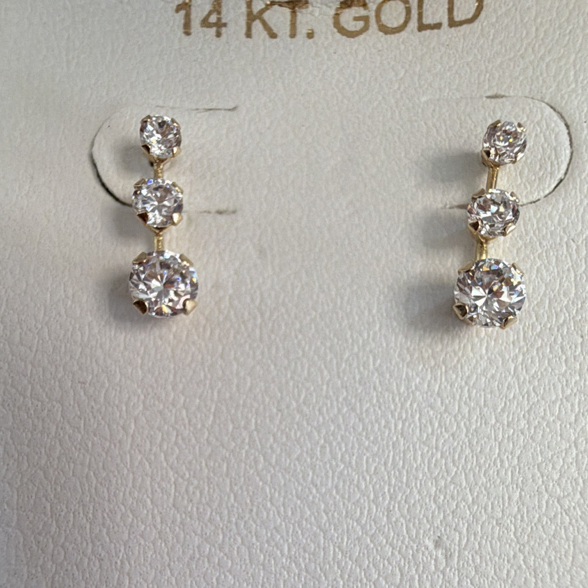 14K Yellow Gold White Cubic Zirconia 3-Stone Stud Earrings with backers