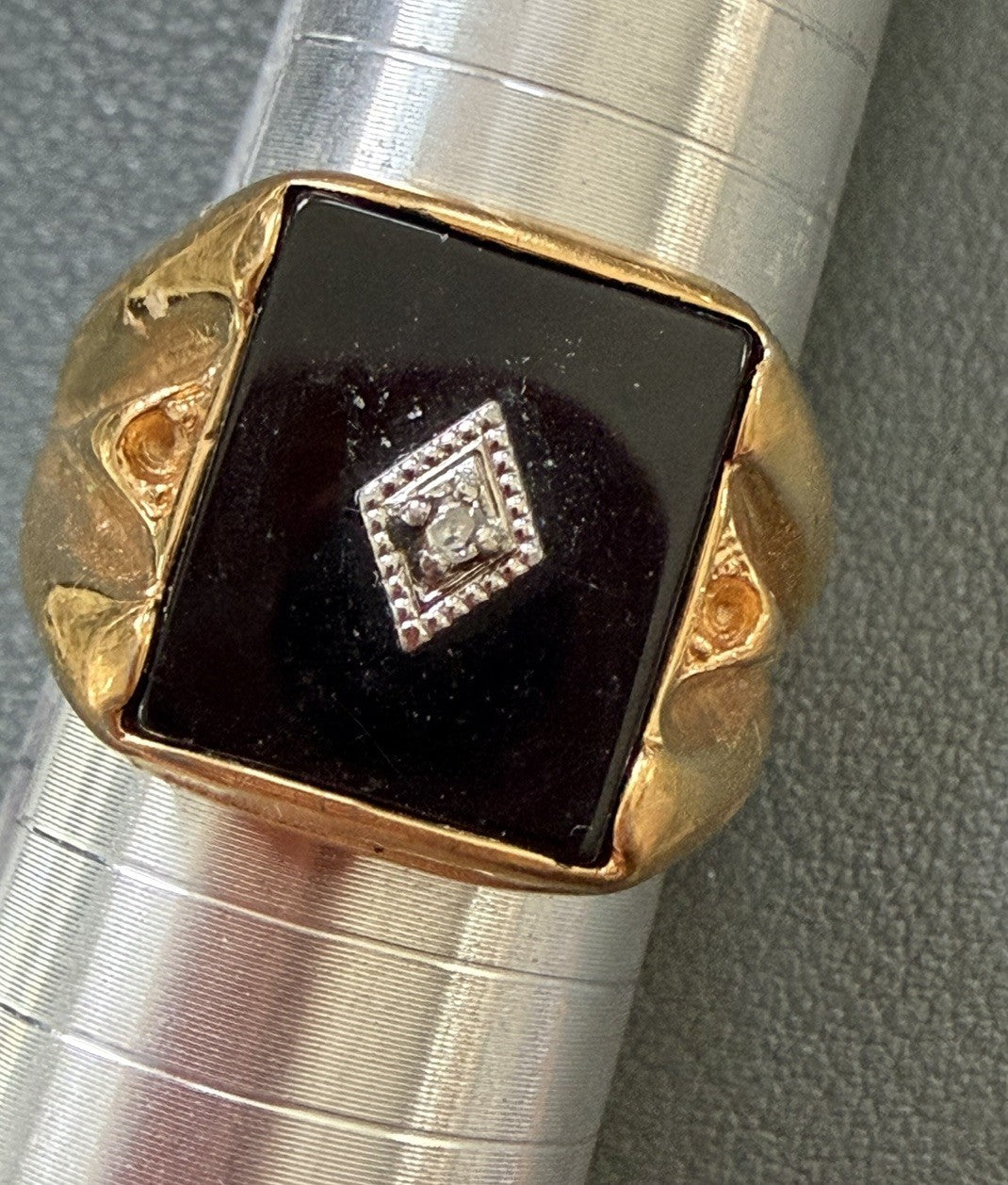 VTG ESPO HGE Yellow Gold Plated Black Onyx Rhinestone Ring Mens Signet 9.5