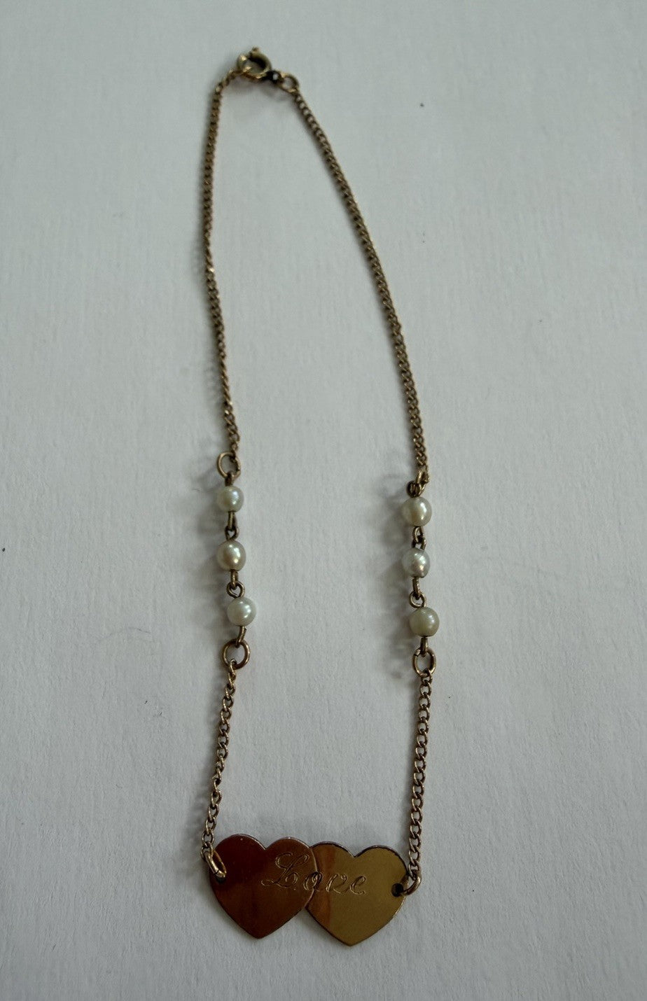 Double Heart And Pearl  Vintage 12k Gold Filled 9" “Fay & Al”