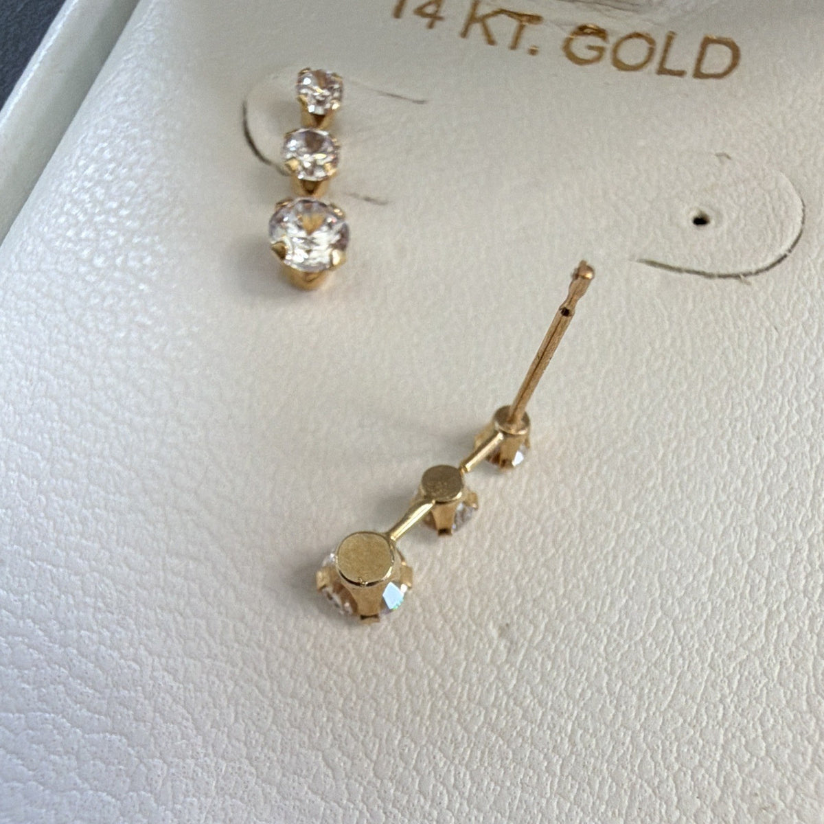 14K Yellow Gold White Cubic Zirconia 3-Stone Stud Earrings with backers