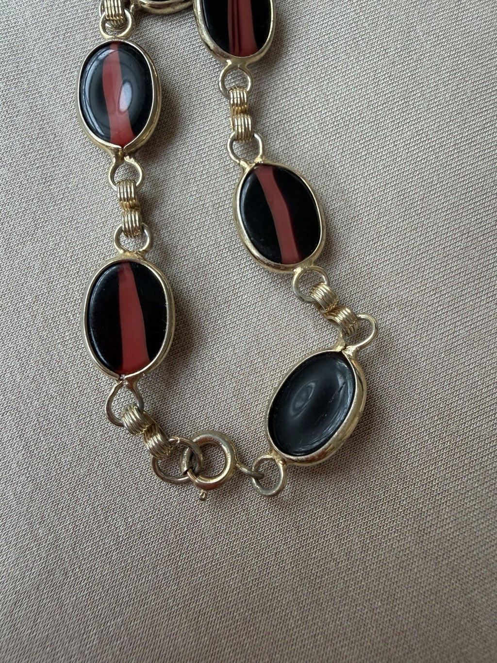 Vintage Bracelet Bezel Set Black & Red Cabochon  Style 1960s
