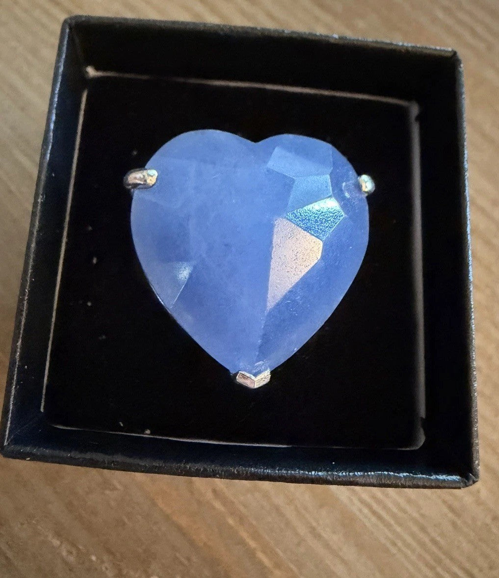 Large Sterling Silver 925 Faceted Aqua Blue Chalcedony Heart Ring Size 7.75-8