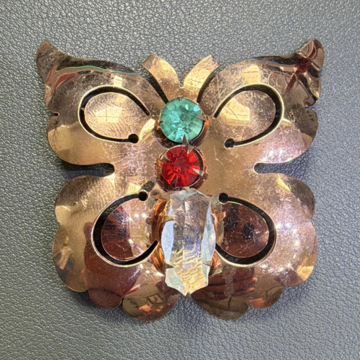 Vintage sterling silver Butterfly Brooch Pin, colored glass stones, 1.75 in