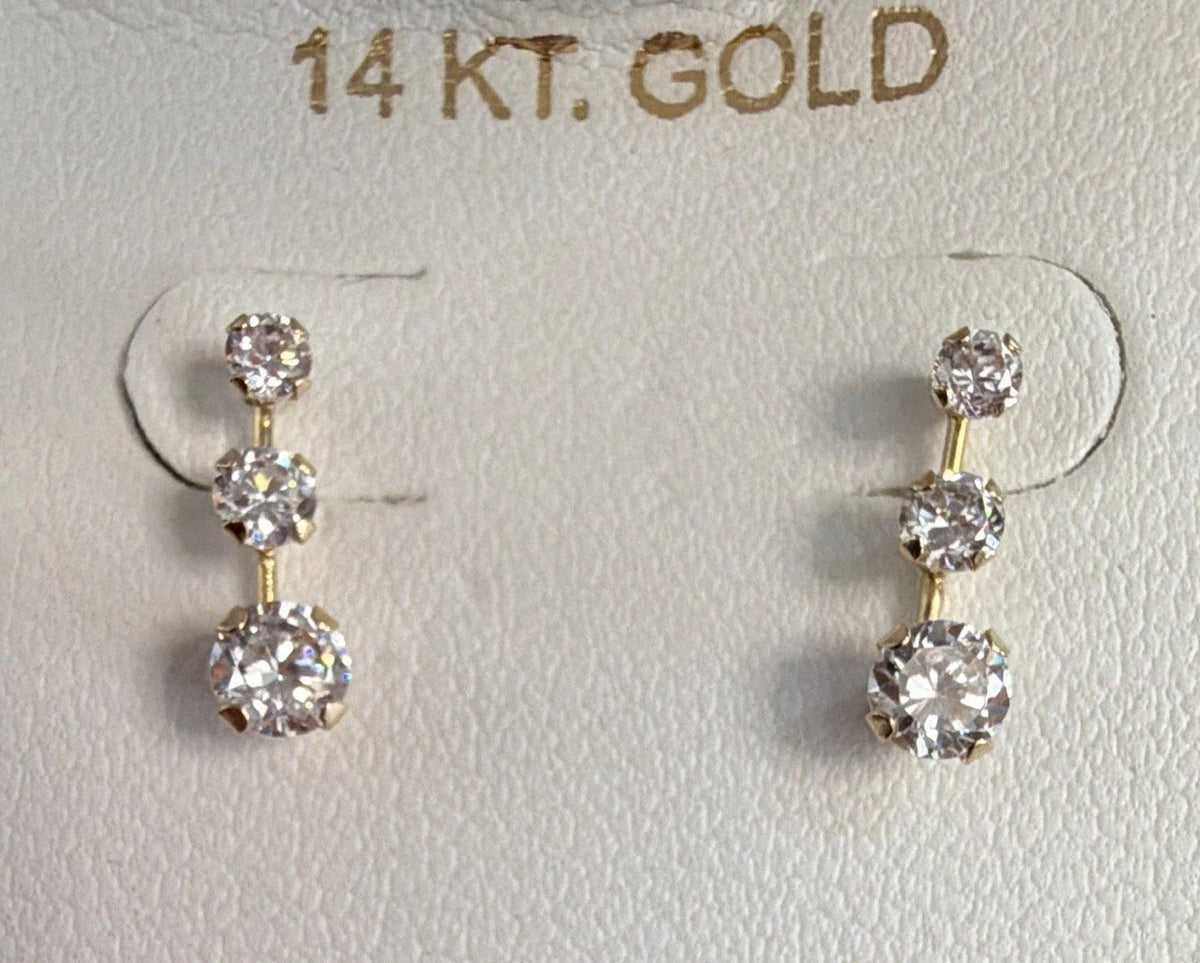 14K Yellow Gold White Cubic Zirconia 3-Stone Stud Earrings with backers