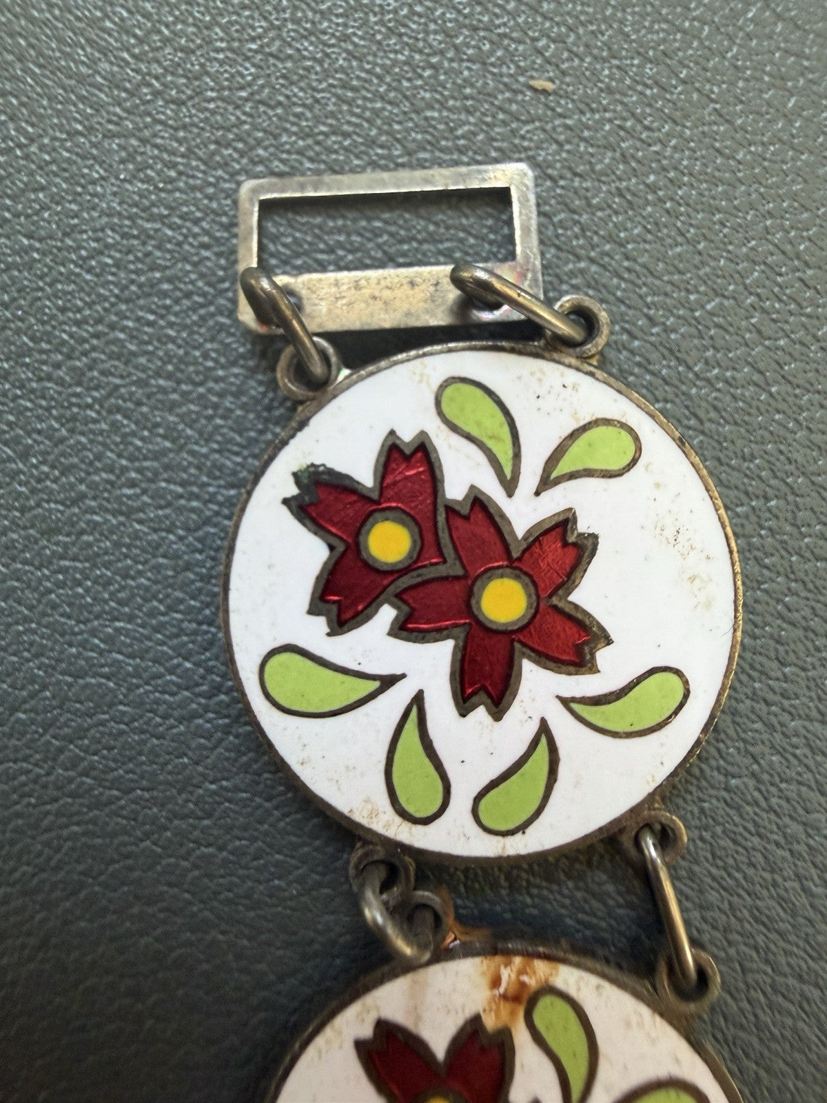 Vintage Enamel Floral Link Bracelet Round Disc Panels Multicolor Snap Closure