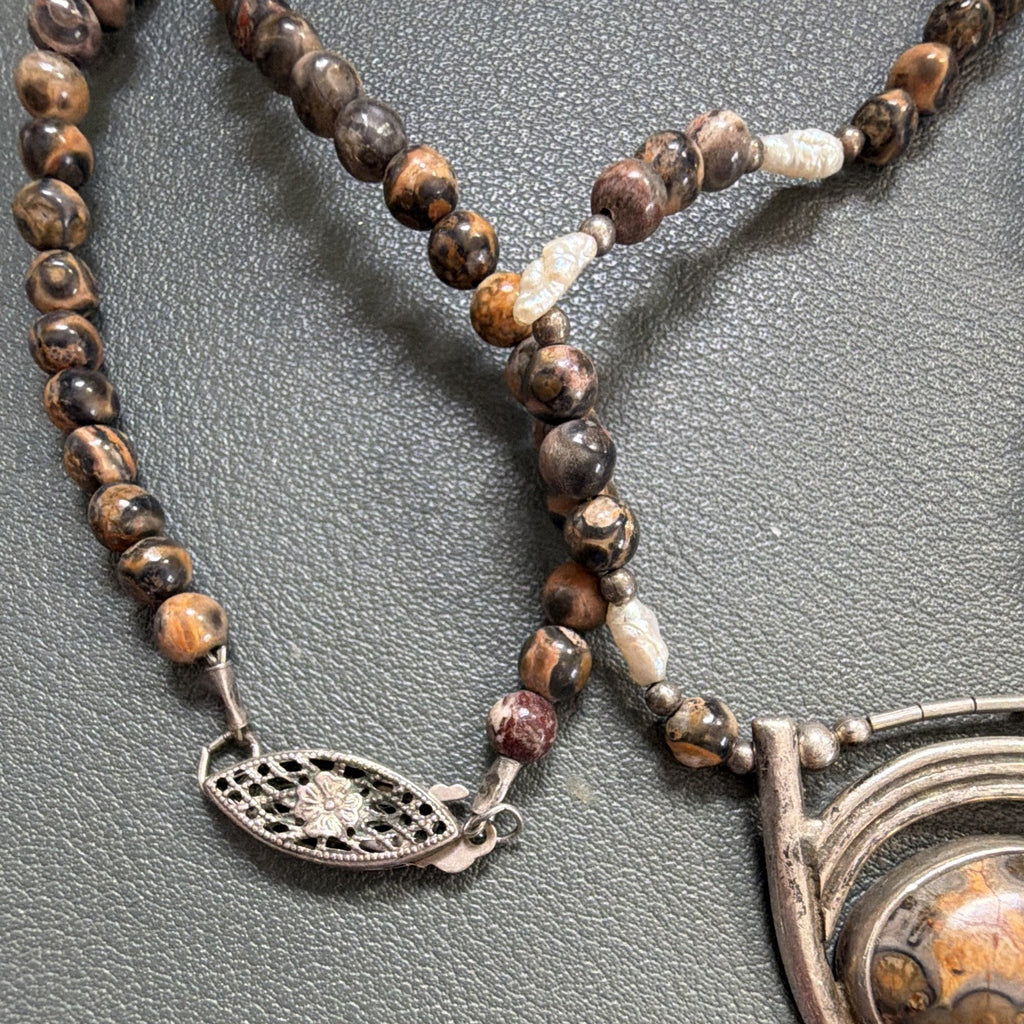 Vintage 925 Sterling Silver Leopard Skin Jasper Pendant Beaded Necklace Artisan