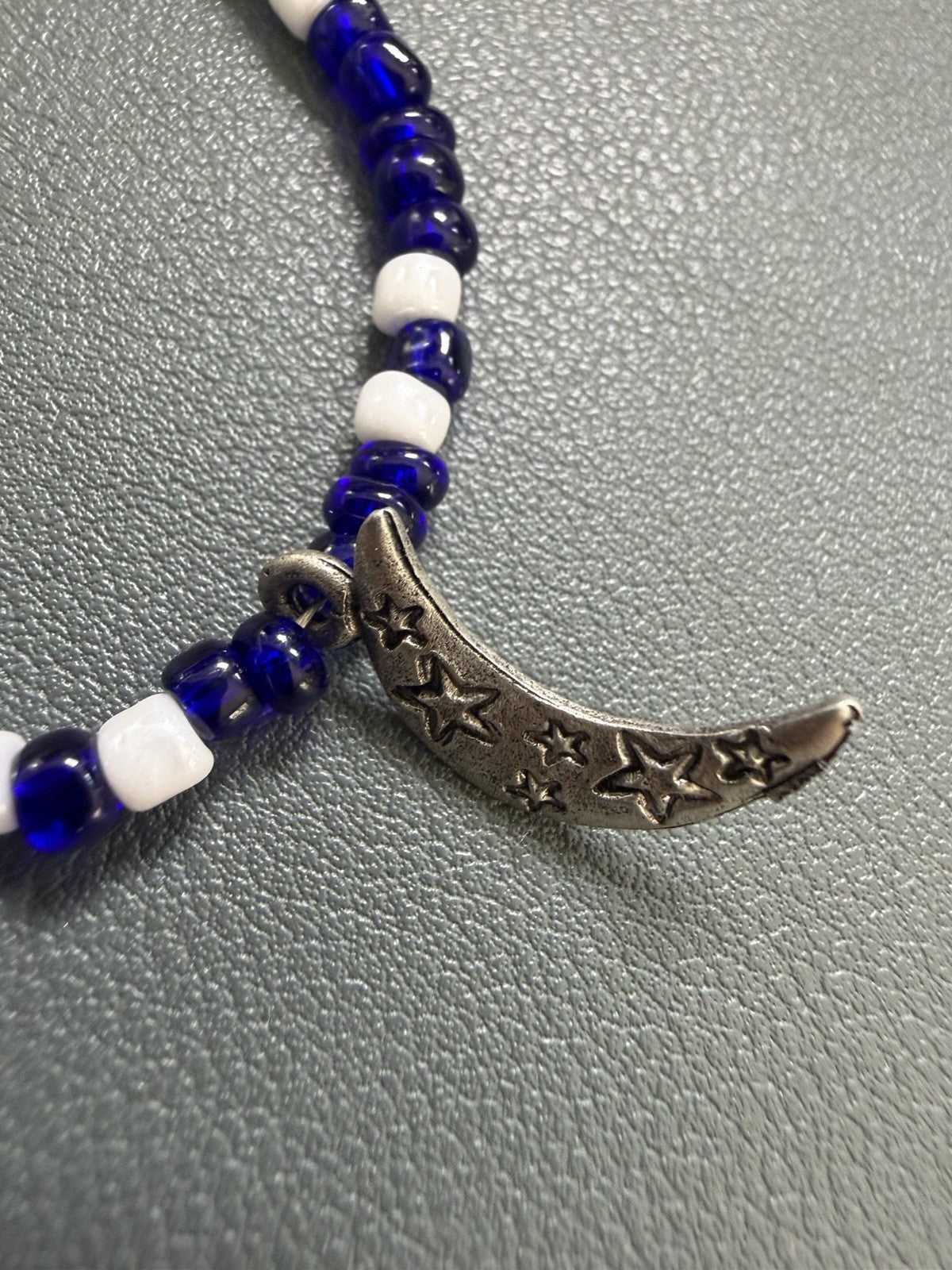 Sterling Silver 925 Blue And White Bead Bracelet With Moon Stars Charm