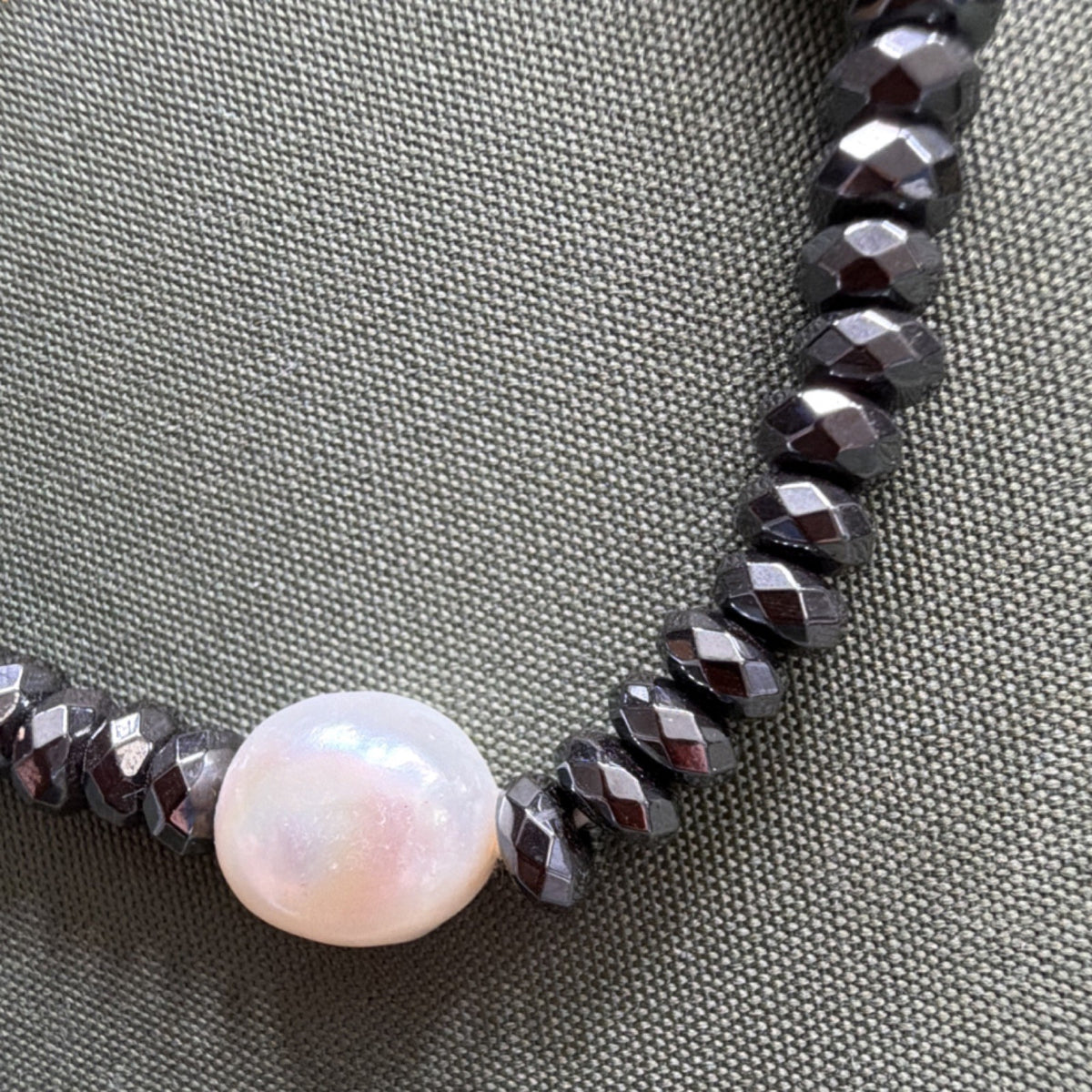Hematite Stretch Bracelet with large Pearl White  Accent 7" 
