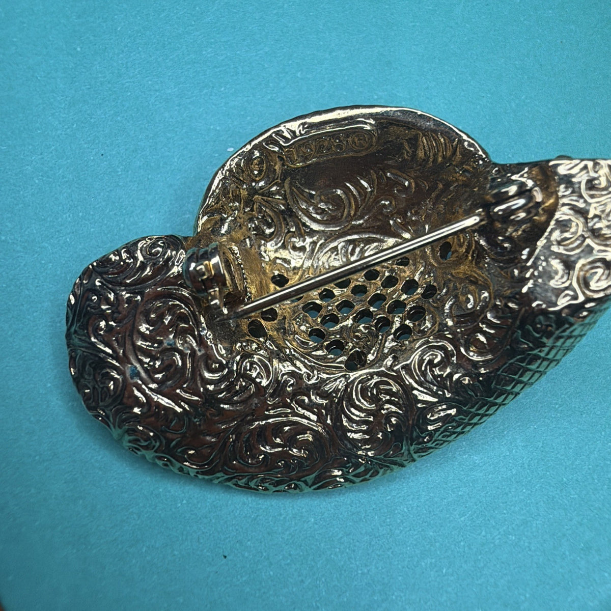 Vintage Style Hat Pink Rose on Gold Tone Brooch Signed 1928