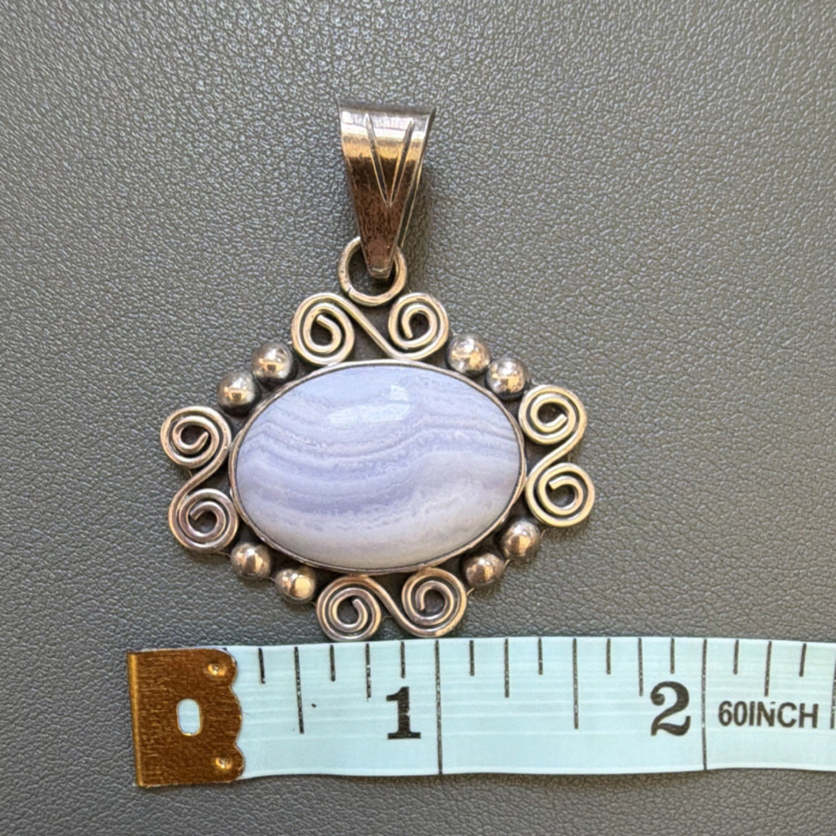 Blue Lace Agate 925 Sterling Silver Large Pendant Mexico Native Scrollwork Style