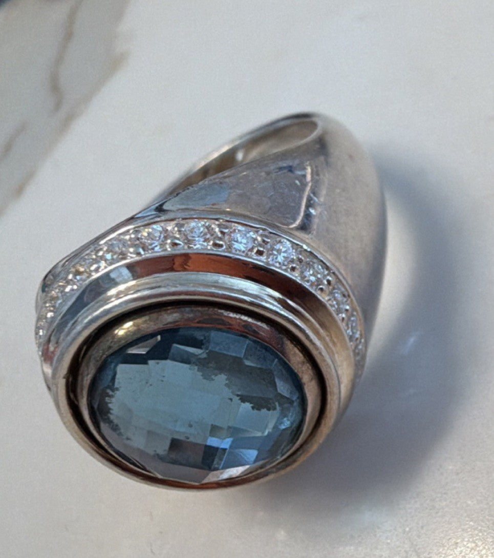 Kameleon Sterling Silver 925 Faceted Blue Stone Statement Ring Size 8