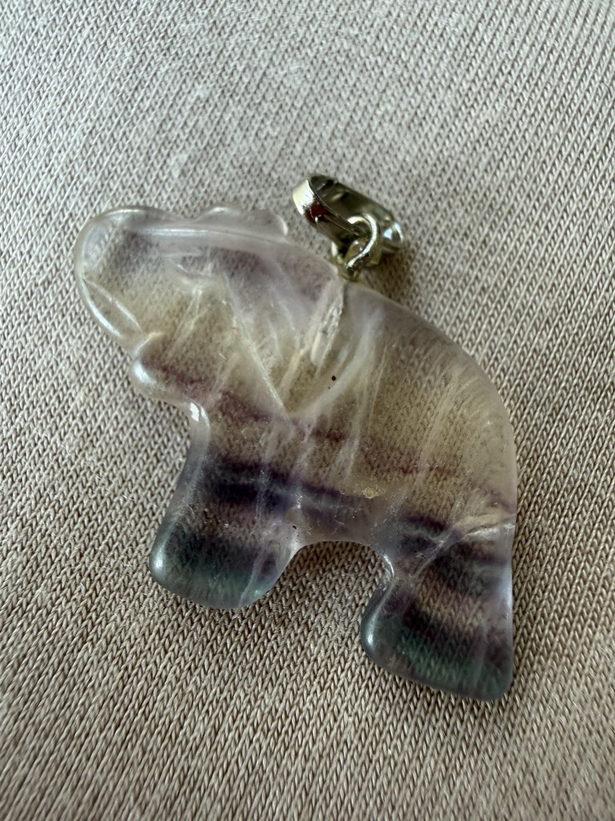 Quartz  Or Fluorite Elephant Natural Stone Pendant Hand Carved w Bail