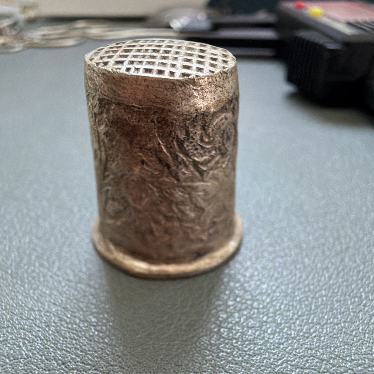 Vintage Metal Sewing Thimble w/ Floral Engraving & Waffle Top, Approx. 0.76 .