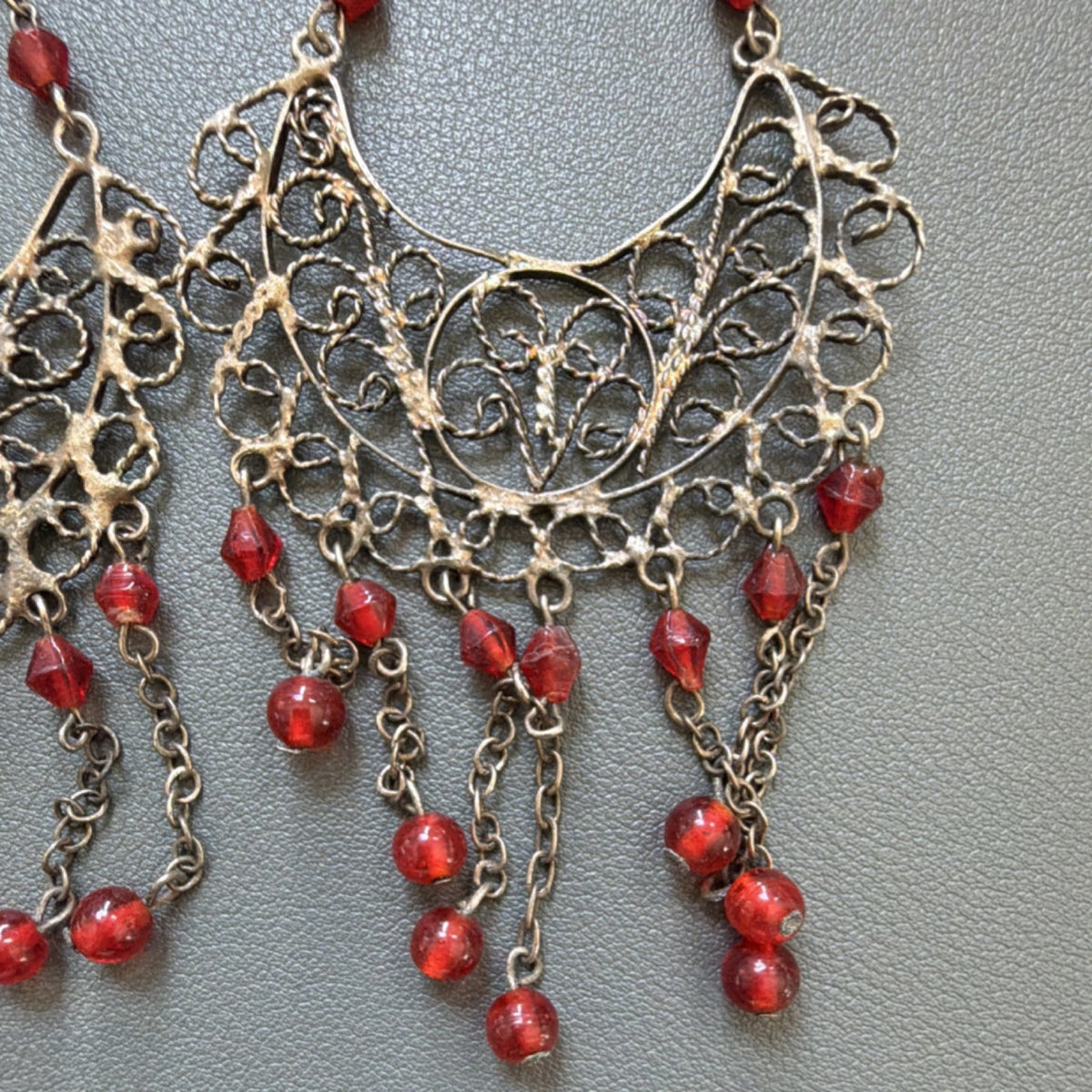 Handcrafted Bronze Filigree Chandelier Earrings Red Glass Beads Bohemian