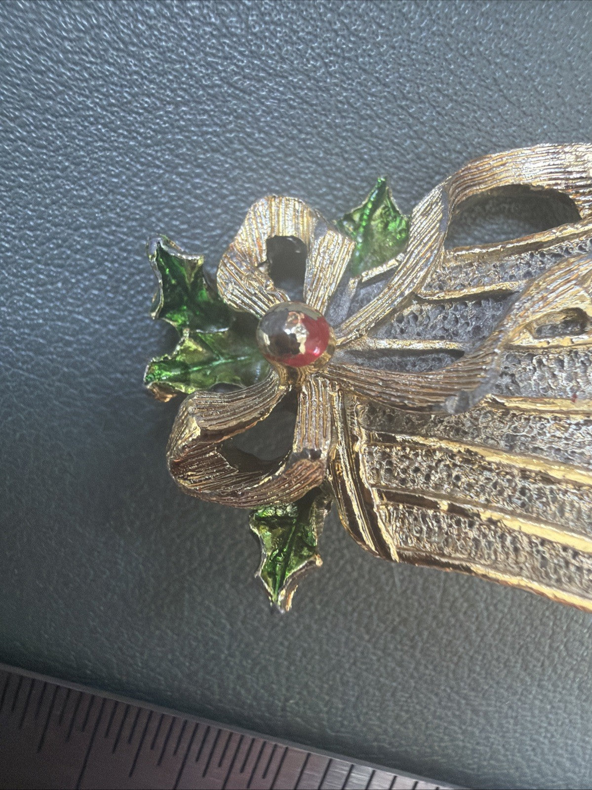 Vintage Gerry's Signed Christmas Bell Enamel Holly Holiday Gold Tone Brooch Pin