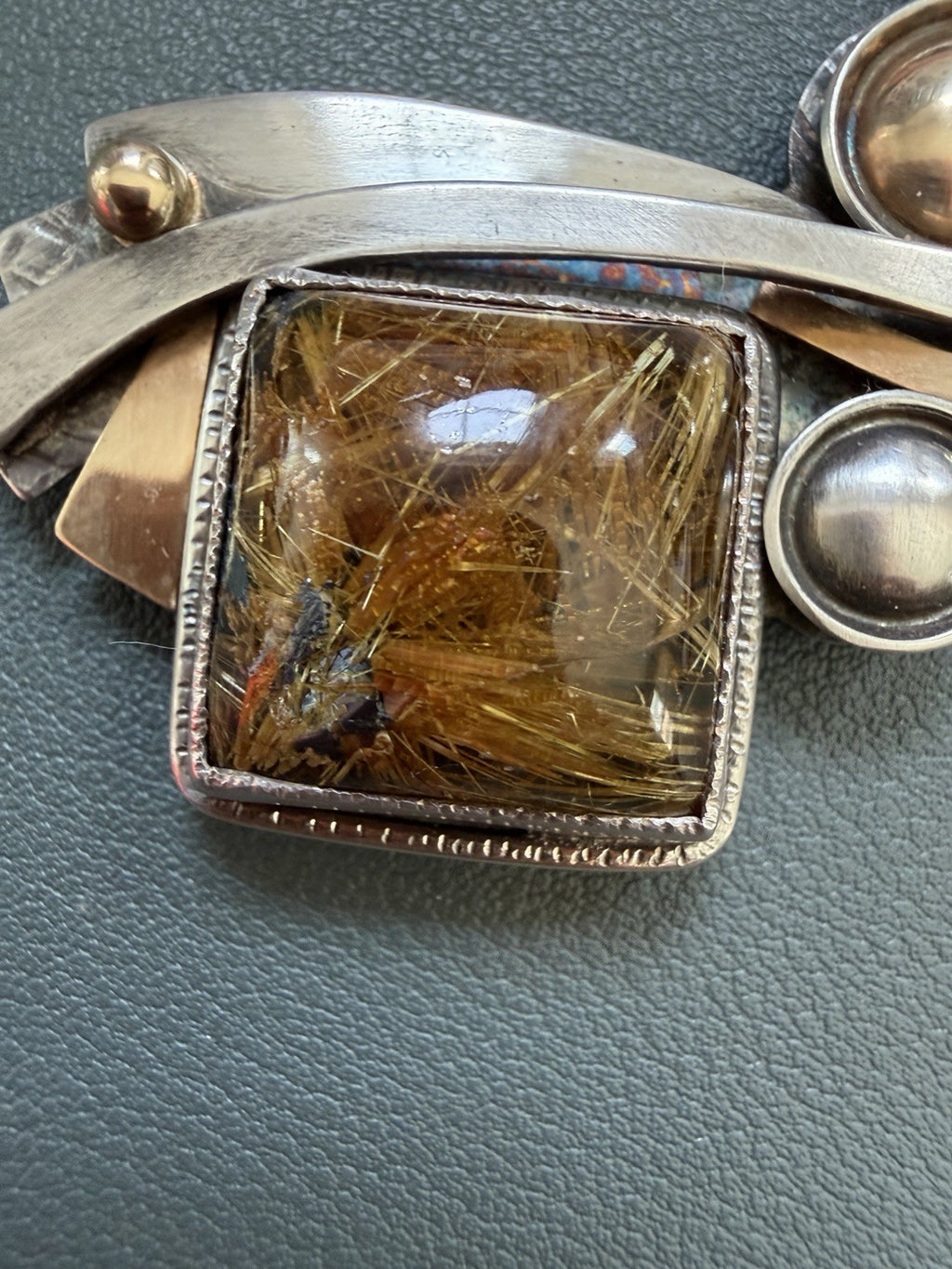 Patricia Karnes Stinson 14K Sterling Silver Rutilated Quartz Brutalist Brooch