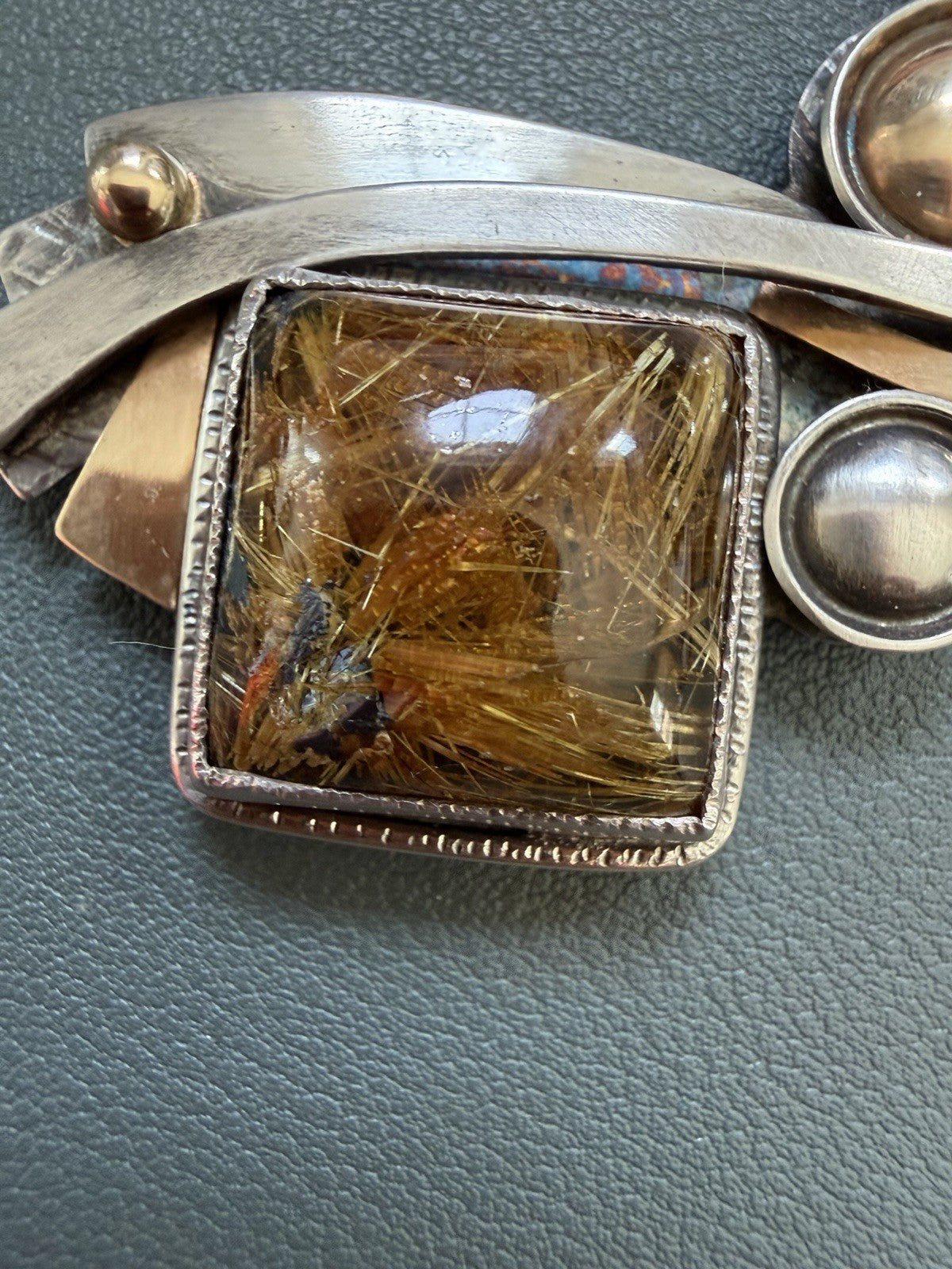Patricia Karnes Stinson 14K Sterling Silver Rutilated Quartz Brutalist Brooch