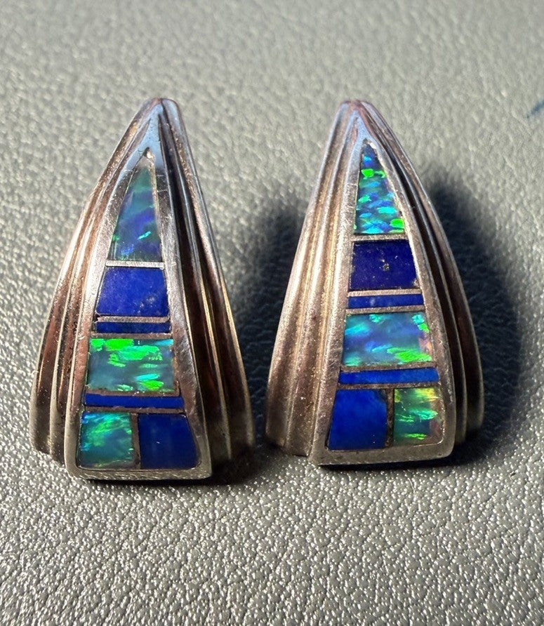 Vintage TEME Native American Sterling Silver 925 Opal And Lapis Inlay Earrings
