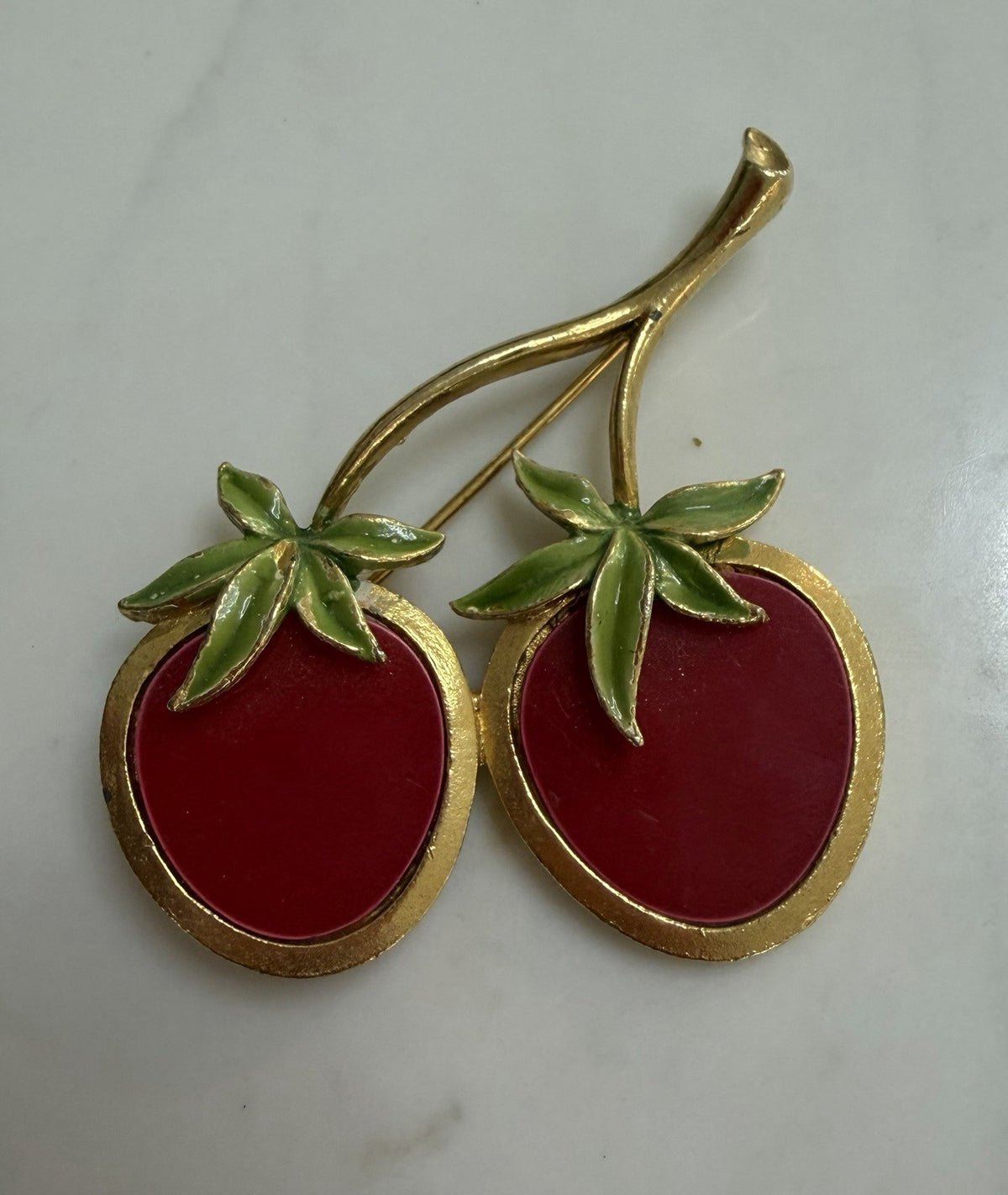 Vintage Red Cherry Brooch Pin Green Enamel Leaves Gold Tone Retro Fruit