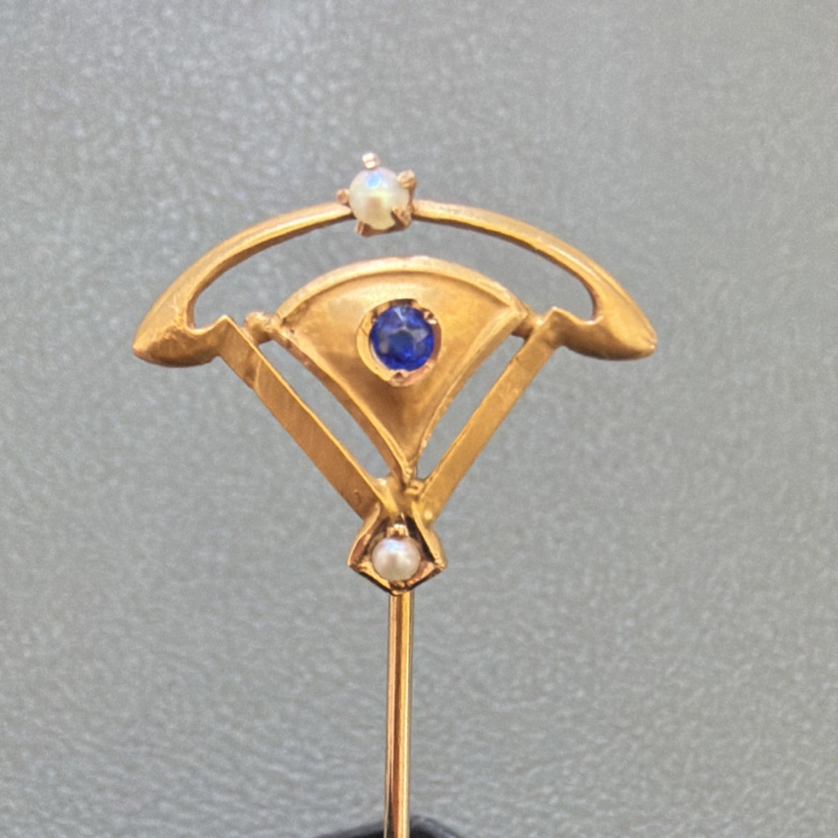 10K Gold Art Nouveau Hatpin Hat Pin Stick Pin w/ Blue & Clear Stone Accent