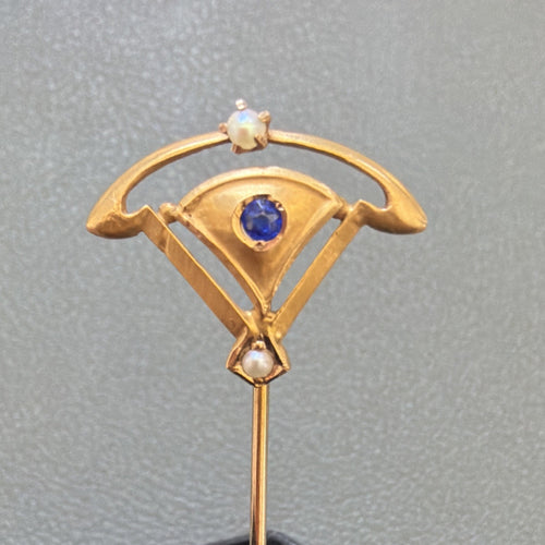 10K Gold Art Nouveau Hatpin Hat Pin Stick Pin w/ Blue & Clear Stone Accent