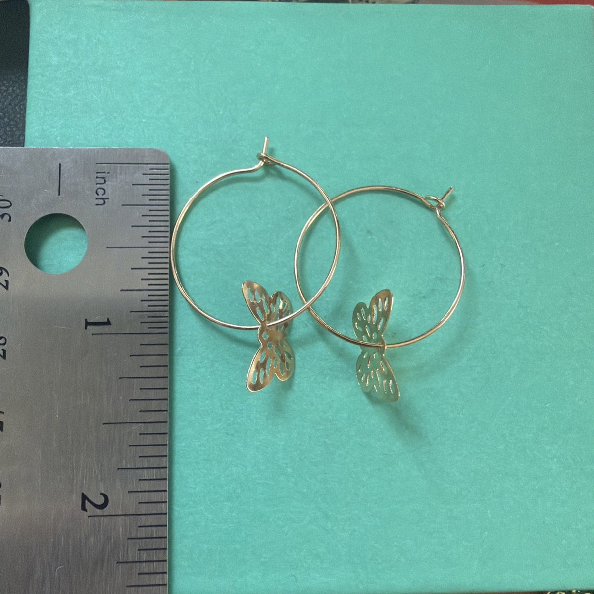Gold Tone Hoop Earrings Butterfly Dangle Charms Latch Back lightweight 