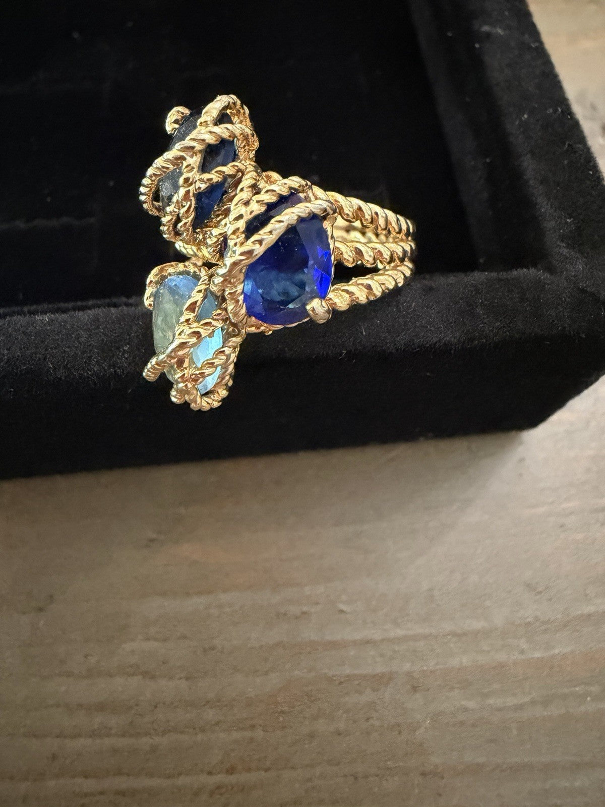  Gold toned Ring with  Blue Gemstones Rope Design, Size 7