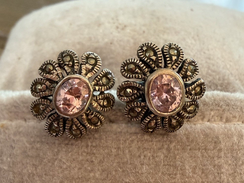 Marcasite Flower Stud Earrings Sterling Daisy Oval Pink Stone Gothic Vintage .5