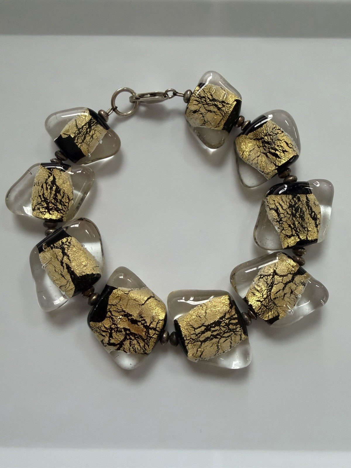 Vintage Sterling Silver Bracelet Dichroic Fused Glass Links Black And Gold