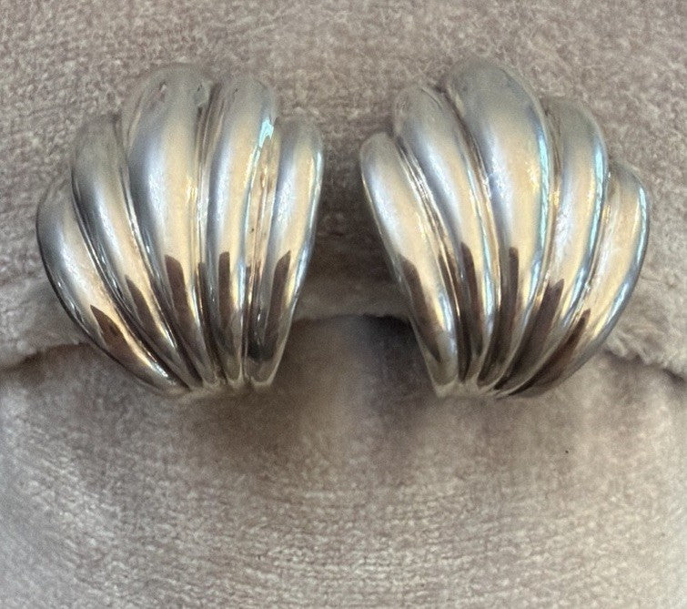 Vintage Art Deco Large Chunky Solid Sterling Silver 925 Clip on Earrings Signed