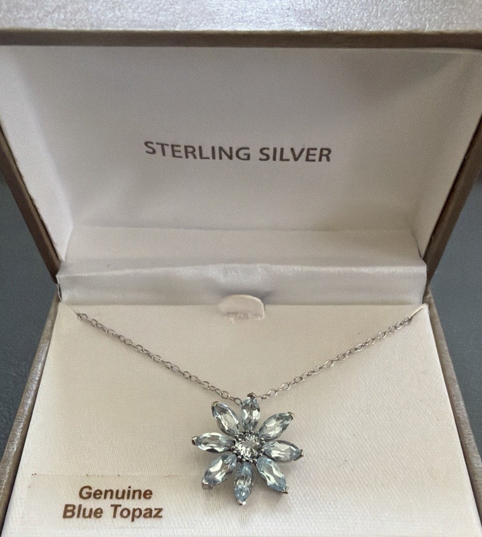 NIB Blue Topaz Flower Sterling Silver Italy 925 Pendant NF on 18" Necklace