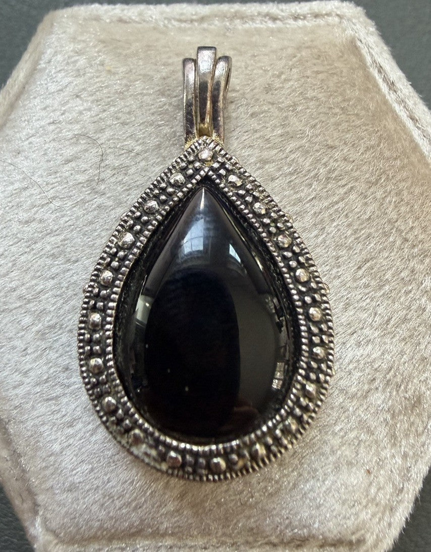 925 Sterling Silver Pendant Teardrop Interchangeable Onyx Stone Marcasite