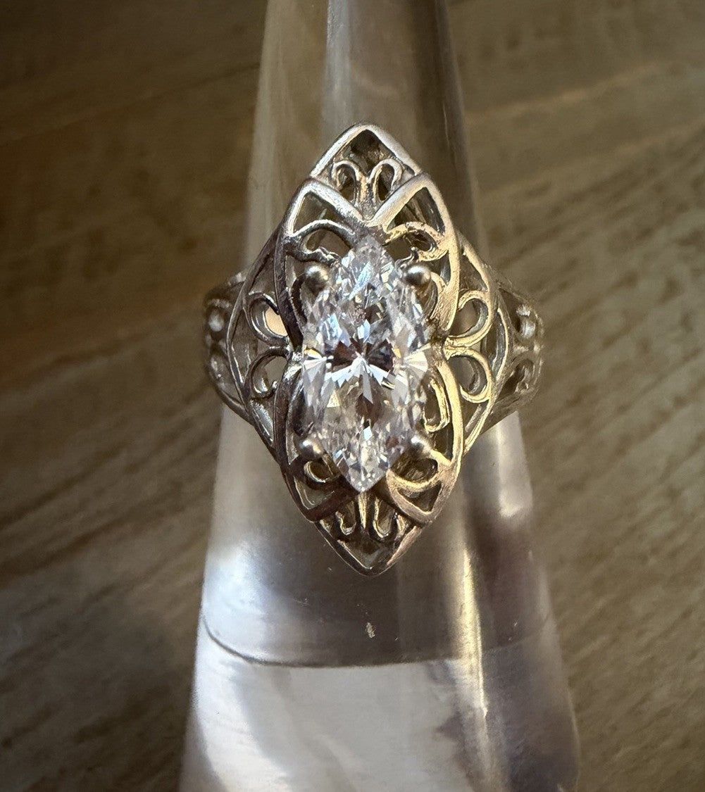 Vintage Sterling Silver Marquise Crystal Filigree Statement Ring Art Deco Style